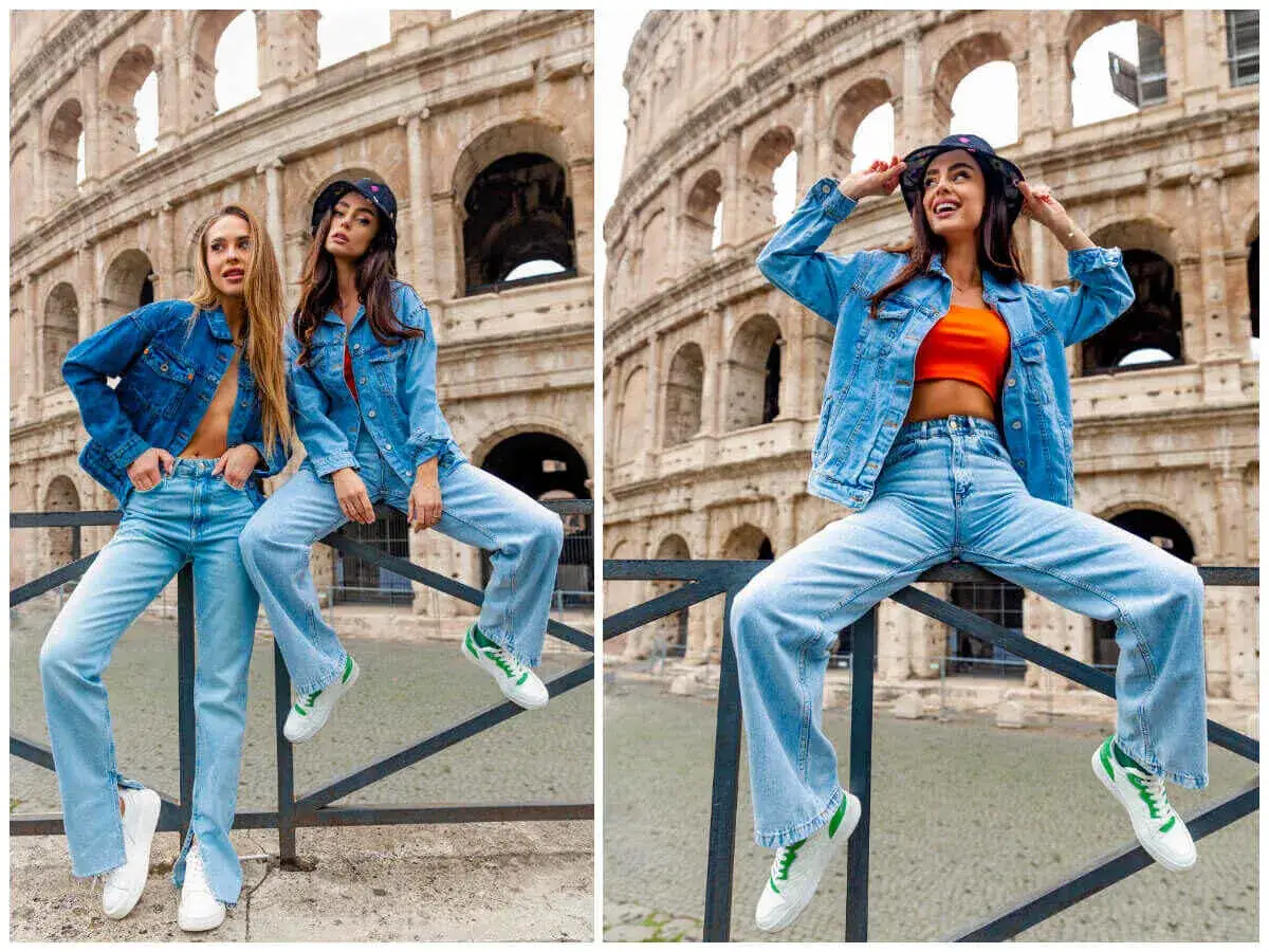 Dwie kobiety w kurtkach jeansowych i jeansach pozują przed Koloseum. Czy kurtka jeansowa pasuje do jeans&oacute;w? Tak, tworzy stylowy total look!