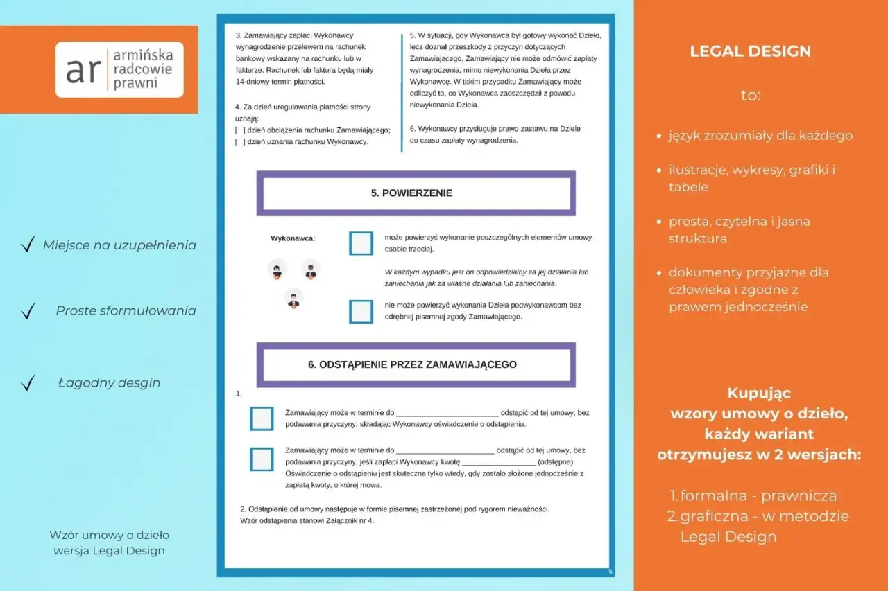 Wzór umowy o dzieło w wersji Legal Design. Zawiera dane do umowy, pouczenia i opcje odstąpienia.