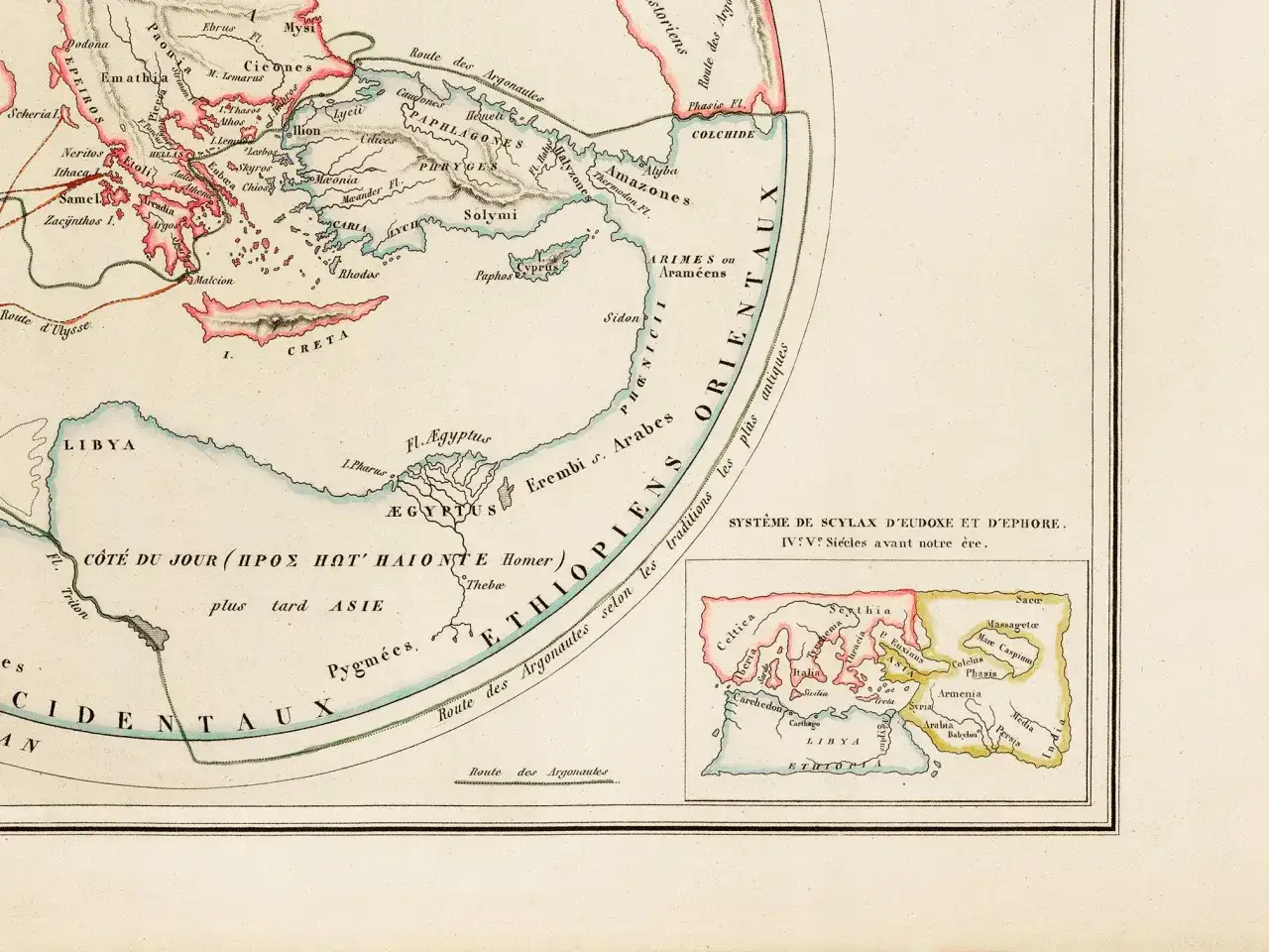 Mapa starożytnego świata z zaznaczonymi trasami Argonautów i Odyseusza, ukazująca miejsca znane z Iliady i Odysei.