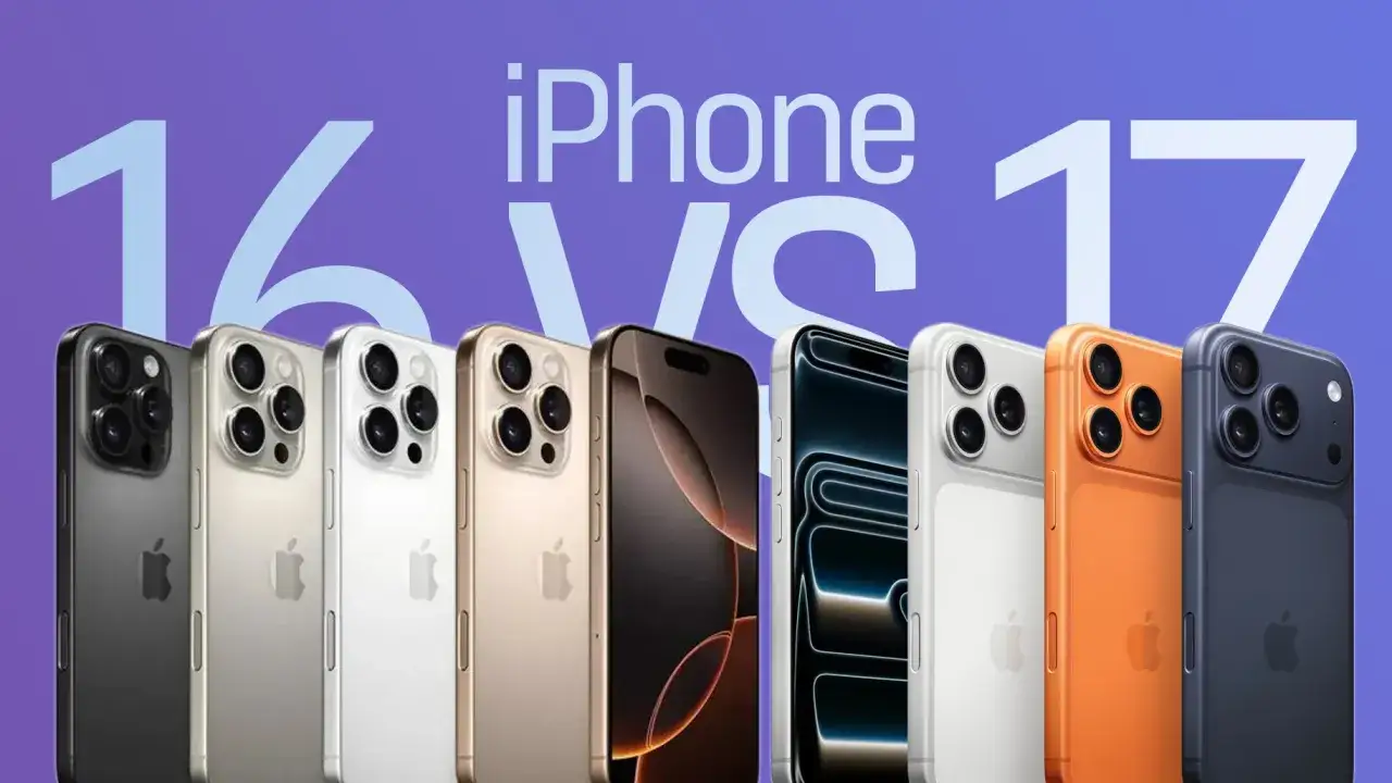 Rząd iPhone'&oacute;w w r&oacute;żnych kolorach, z napisem 