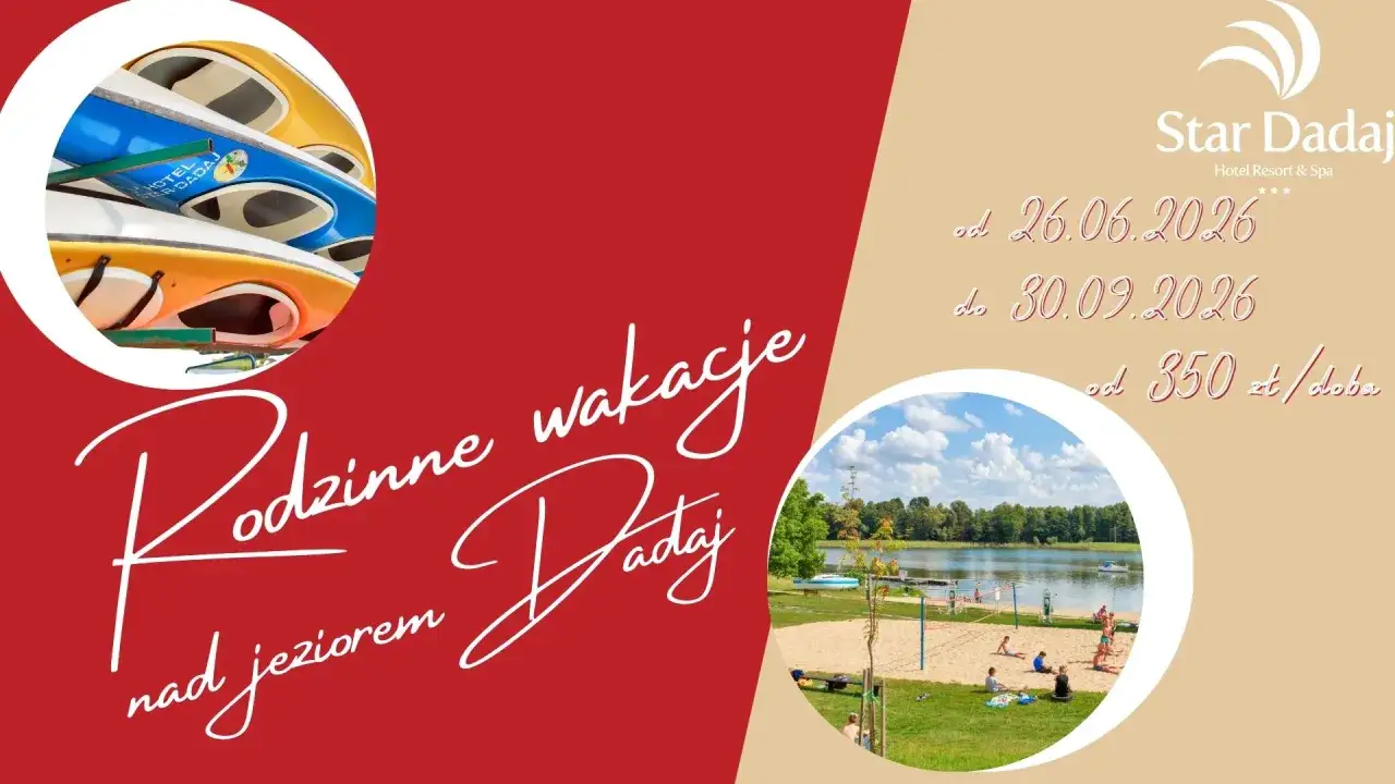 Rodzinne wakacje nad jeziorem w Star Dadaj. Mazury all inclusive od 26.06 do 30.09.2026. Kajaki i plaża czekają!