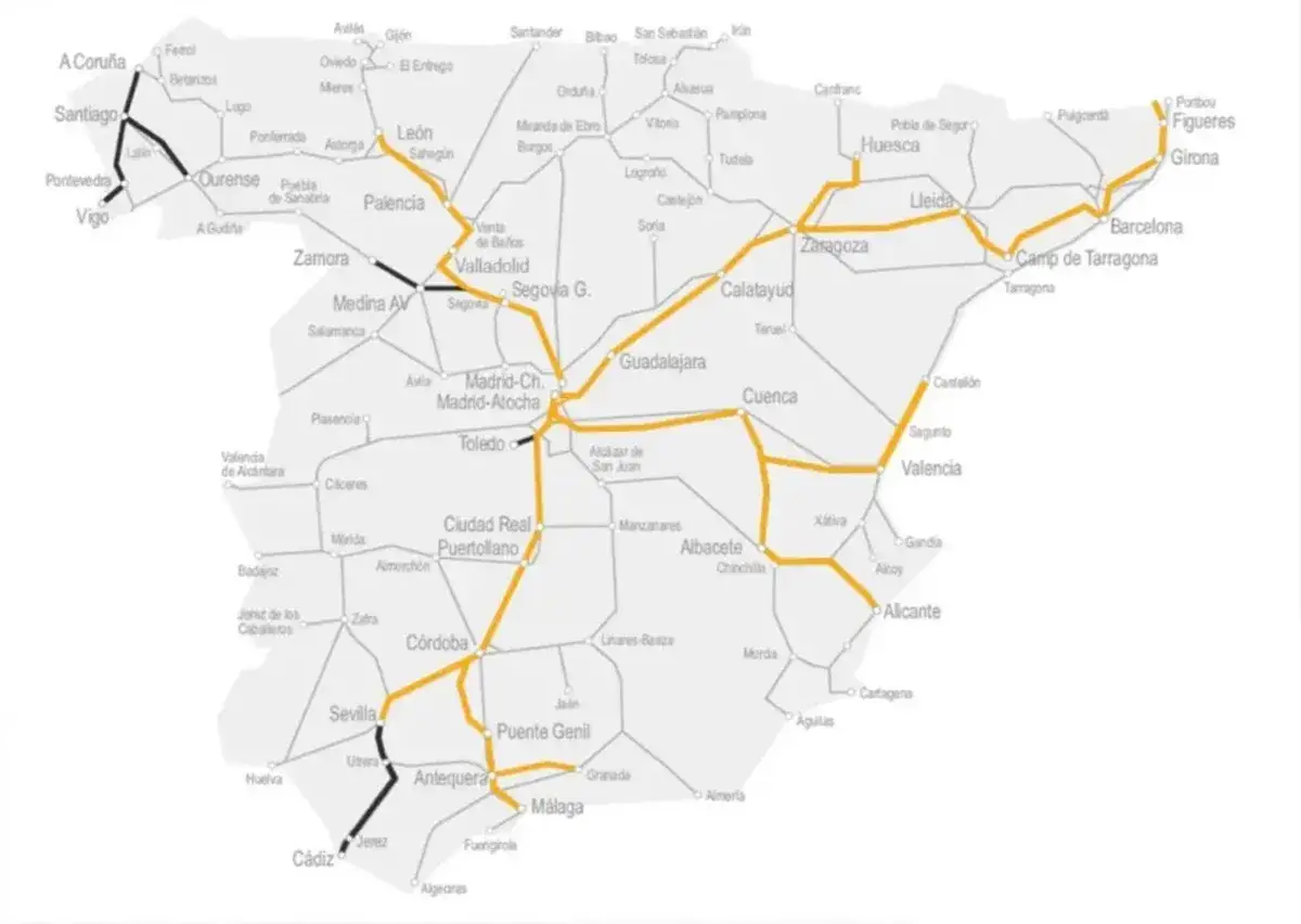 Mapa kolejowy Hiszpanii. Pokazuje, że Madryt nie leży nad morzem, ale ma połączenia z wybrzeżem.
