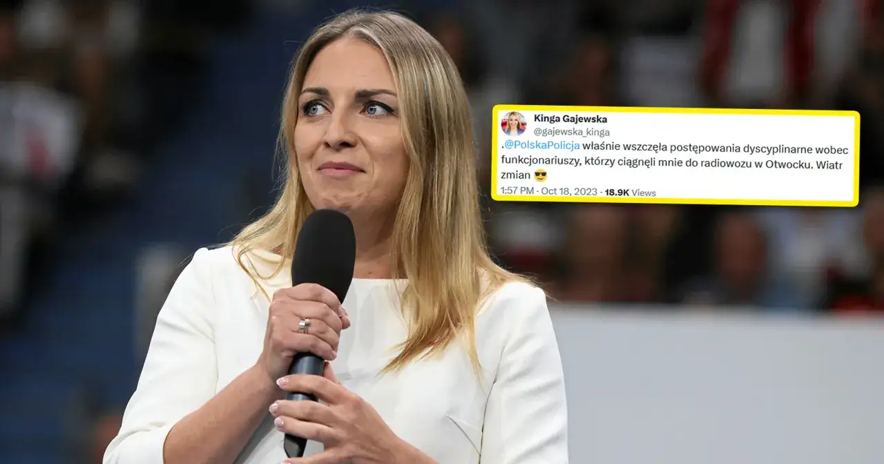 Posłanka Kinga Gajewska z mikrofonem w dłoni, obok jej tweet o postępowaniu dyscyplinarnym.