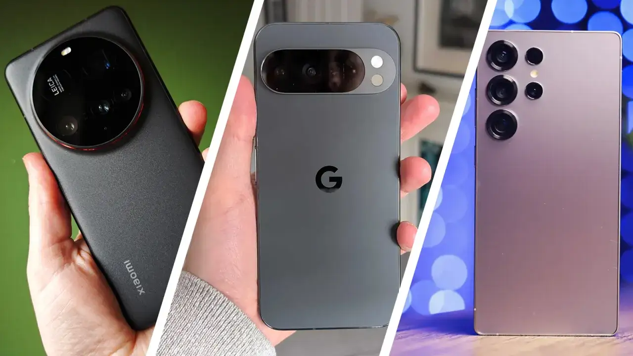 Trzy smartfony z r&oacute;żnymi modułami aparat&oacute;w: okrągłym, poziomym i pionowym.