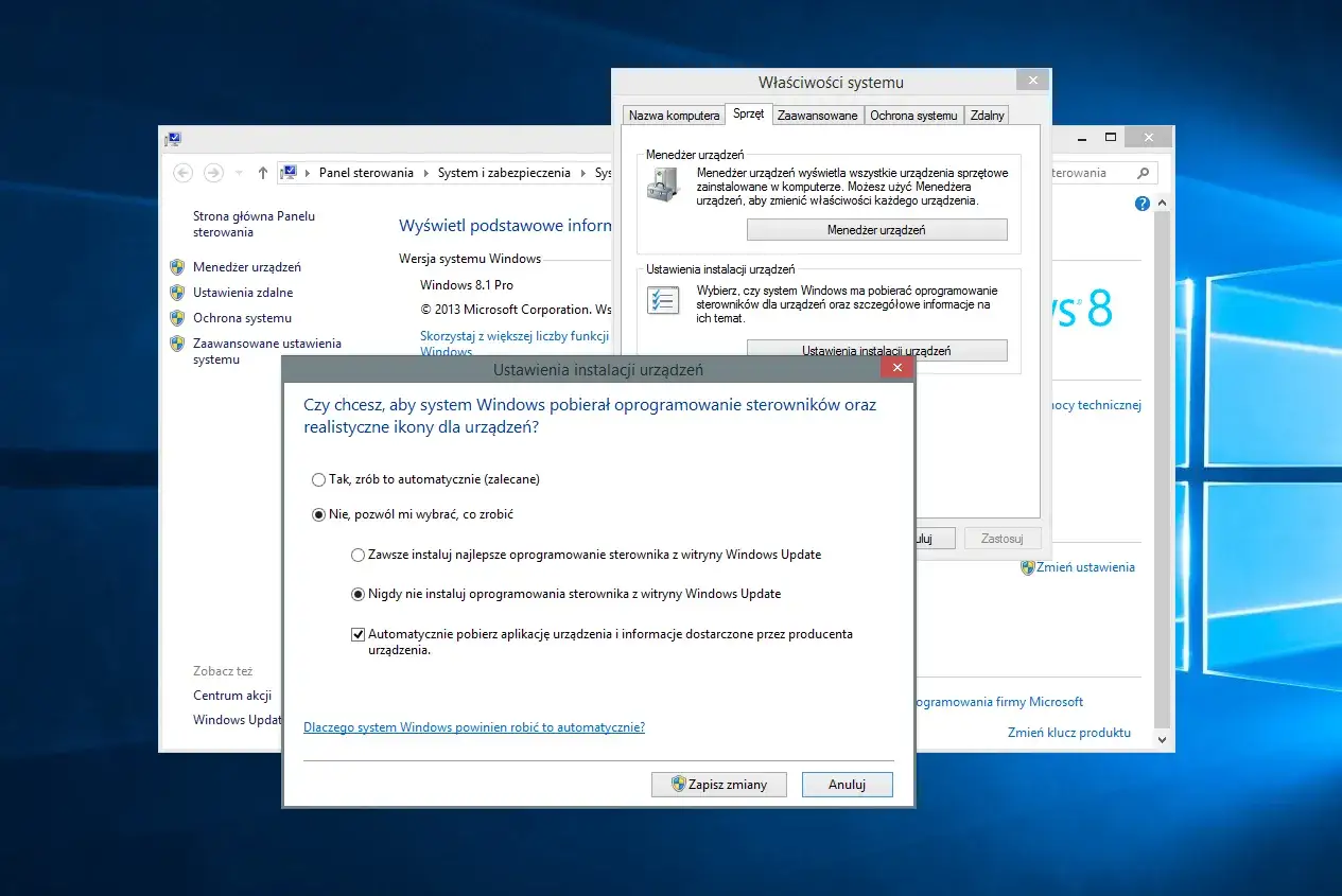 Ustawienia instalacji sterowników w Windows. Okno dialogowe pyta, czy system ma automatycznie pobierać sterowniki, co jest kluczowe, jak aktualizować sterowniki.