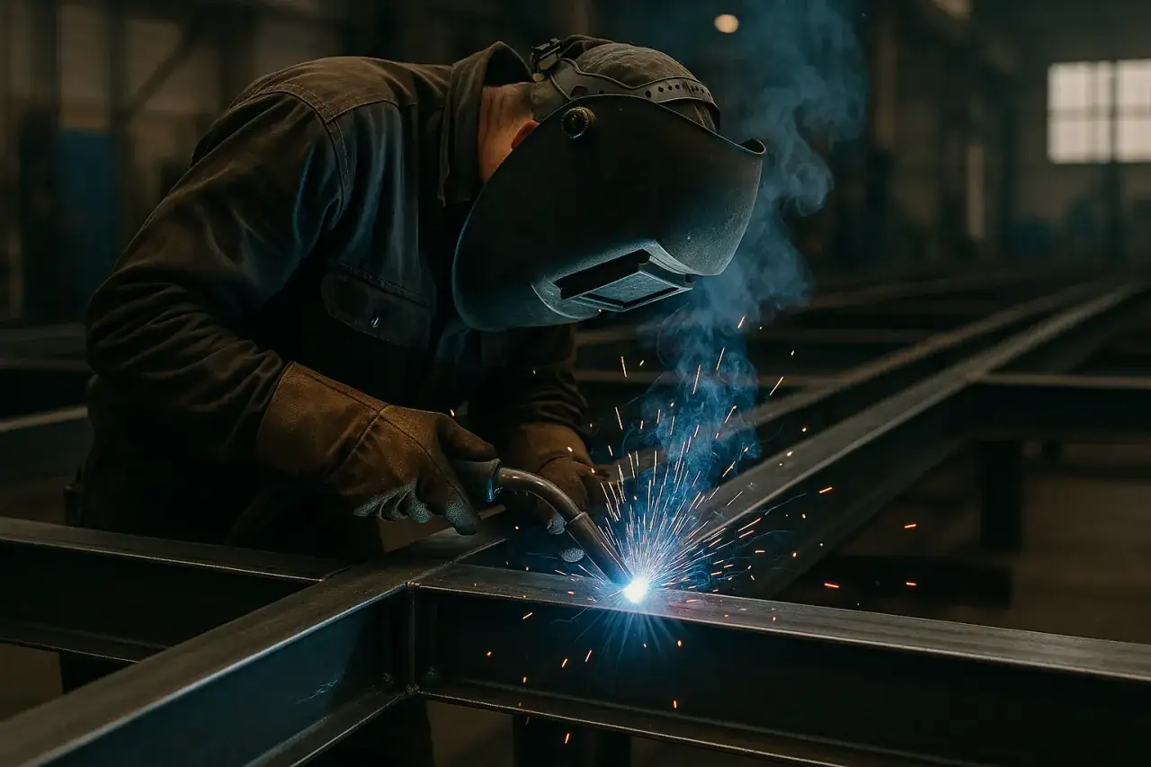 Spawacz w masce i rękawicach łączy metalowe elementy konstrukcji, tworząc iskry. Odpowiedź na pytanie: czy zbrojenie można spawać? Tak, można.