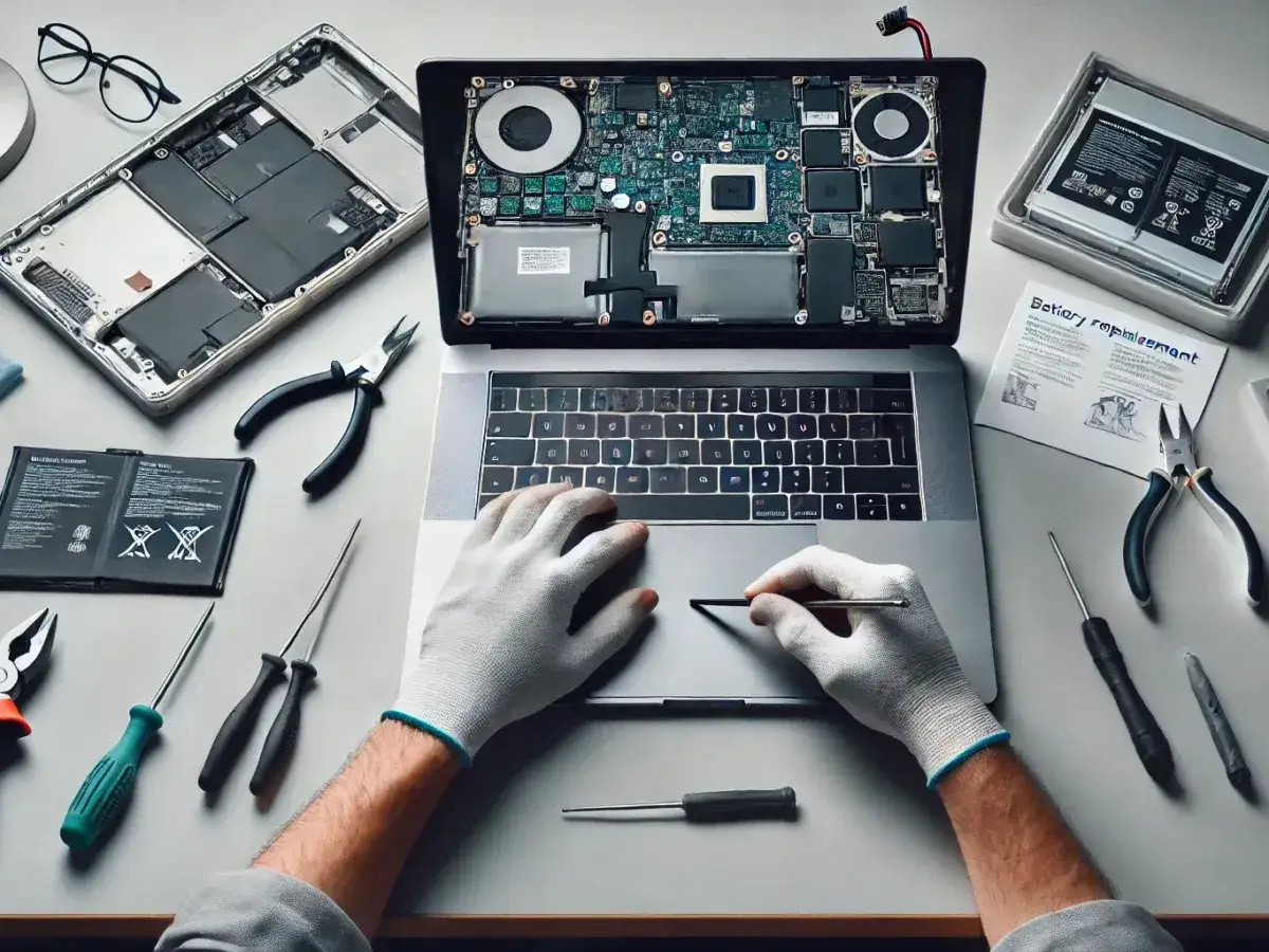 Wymiana baterii w laptopie. Widoczne narzędzia, otwarta obudowa i instrukcja. Uszkodzona bateria w laptopie objawy mogą być r&oacute;żne, ale ten obraz pokazuje proces naprawy.