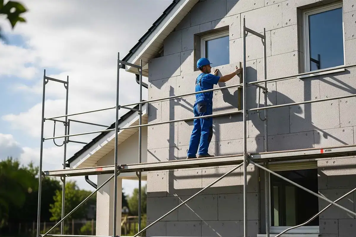 Budowlaniec na rusztowaniu wykańcza styrodur na elewacji domu.