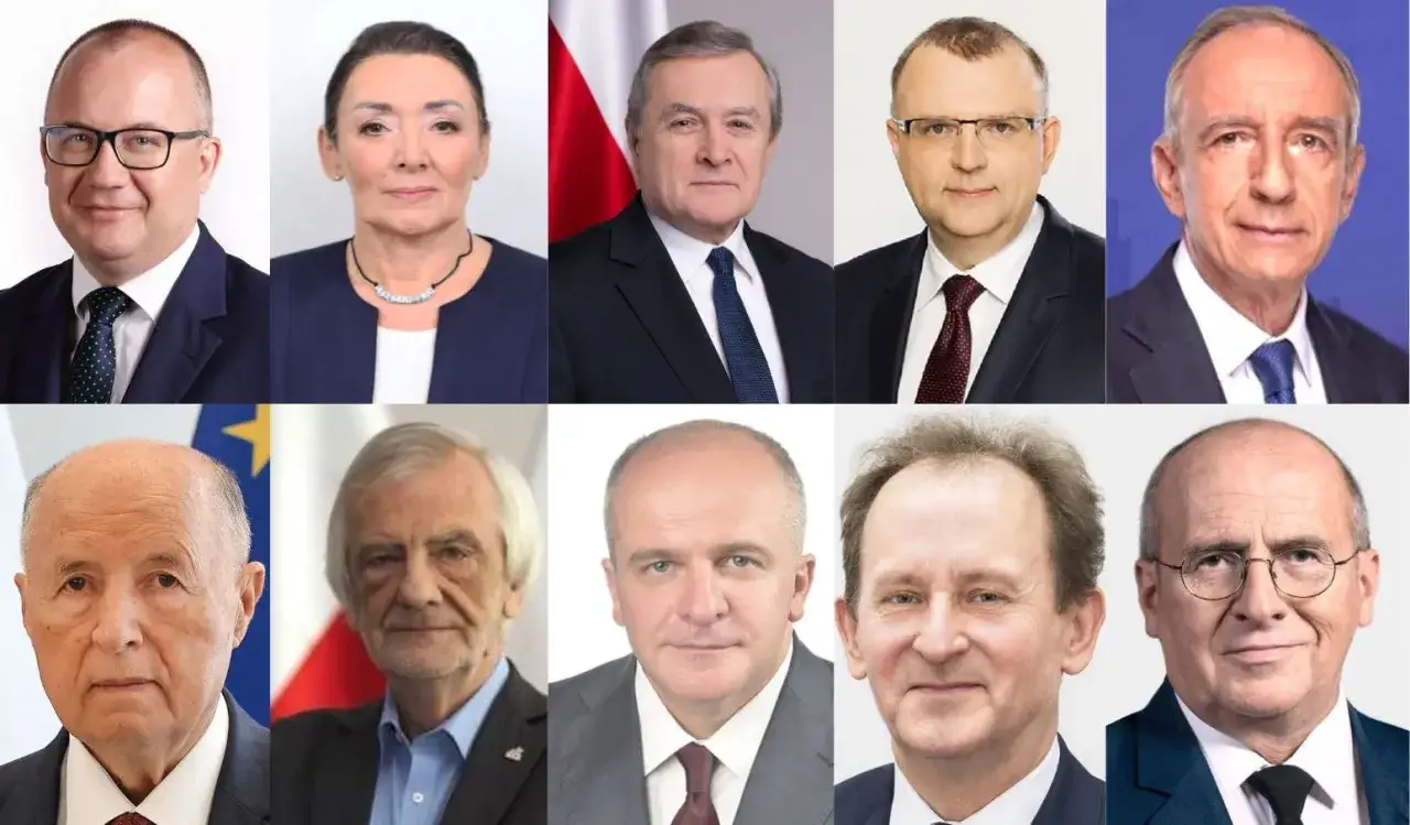 Portrety polityków: mężczyźni i jedna kobieta w garniturach i krawatach. Wśród nich politycy po nazwiska.
