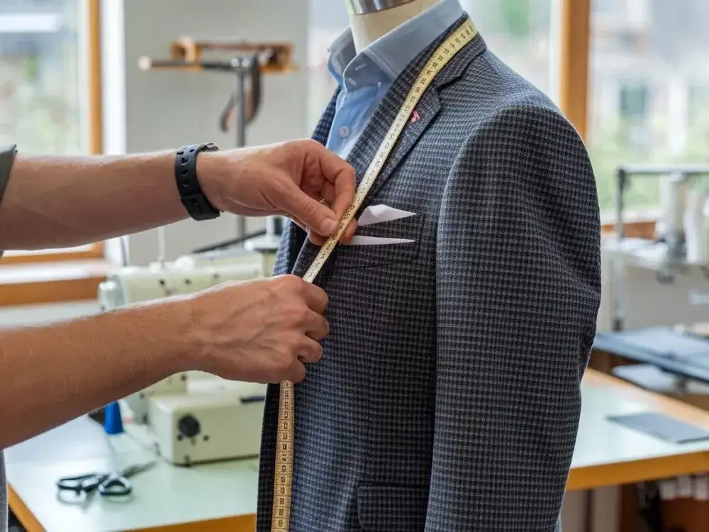 Mężczyzna mierzący marynarkę przed lustrem