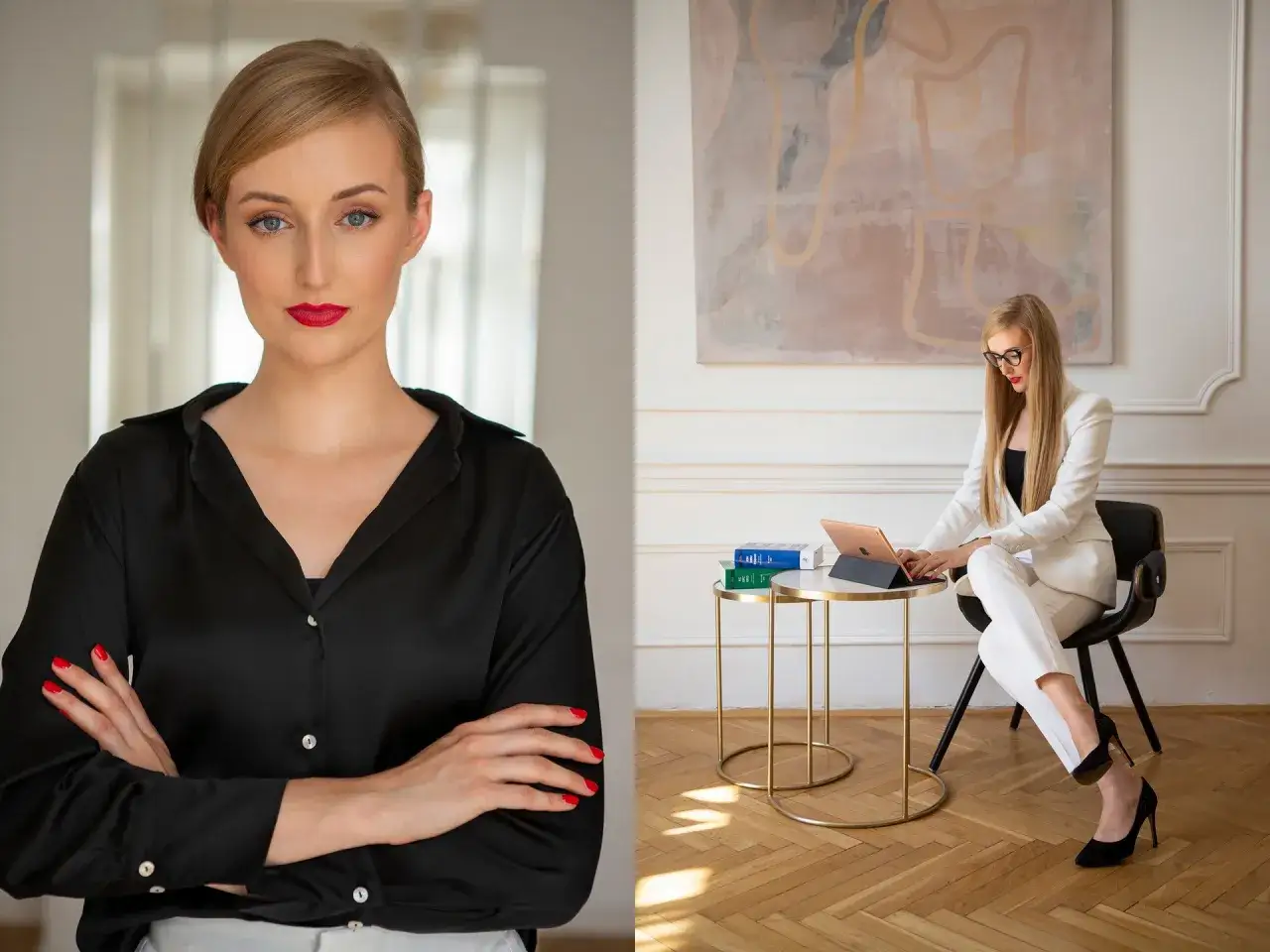 Elegancka sesja modowa: kobieta w czarnej bluzce i biały garnitur z tabletem.