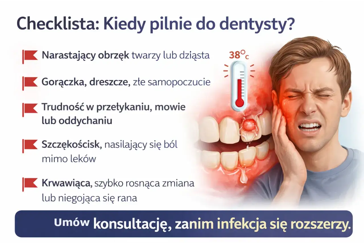 Gula na dziąśle, obrzęk twarzy, gorączka i silny ból zęba to sygnały, by pilnie iść do dentysty.