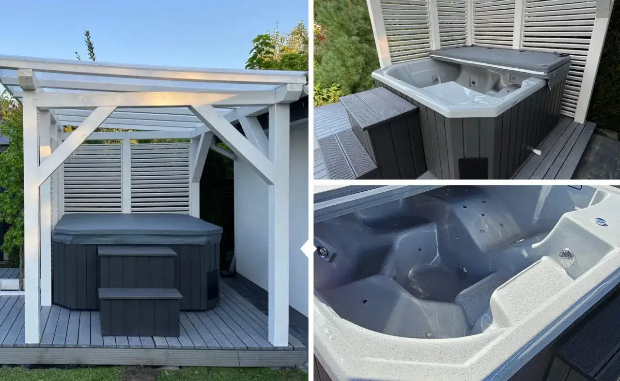 Nowoczesne wanna spa ogrodowa pod białą pergolą. Widok z bliska na wnętrze jacuzzi z dyszami. Idealne miejsce na relaks.