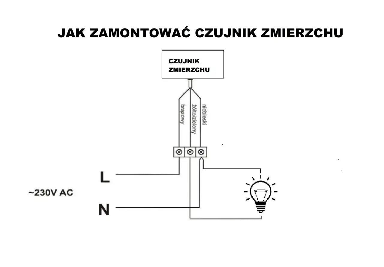 Schemat podłączenia czujnika zmierzchu do lampy. Brązowy przew&oacute;d do fazy, niebieski do neutralnego, a ż&oacute;łto-zielony do lampy.