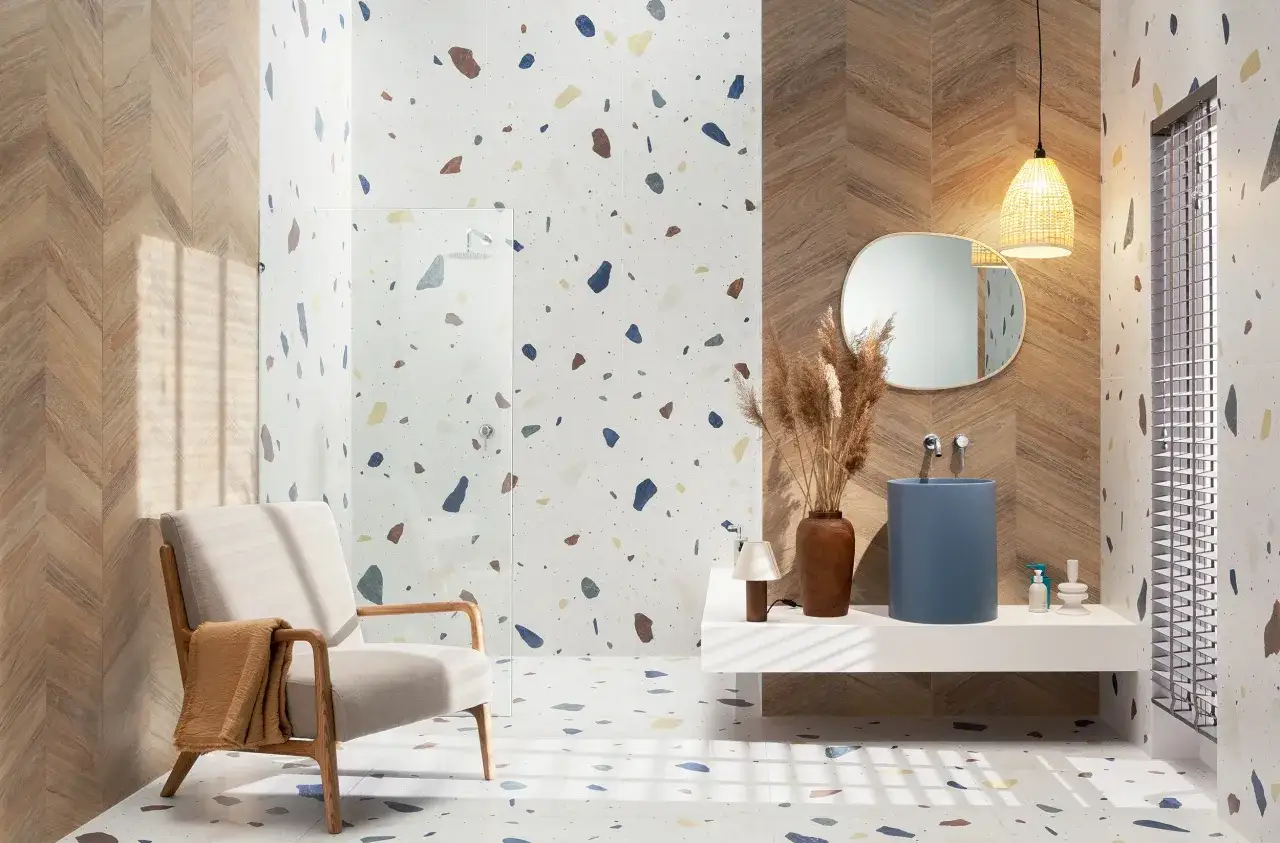 Płytki drewnopodobne imitacja betonu lastryko przedpok&oacute;j