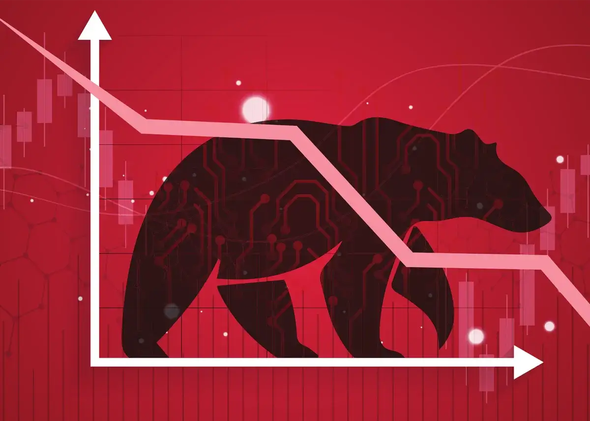 Grafika przedstawia niedźwiedzia z obwodami drukowanymi, symbolizującego bessę na giełdzie. Wykresy świecowe i spadkowa linia trendu podkreślają ten negatywny scenariusz.