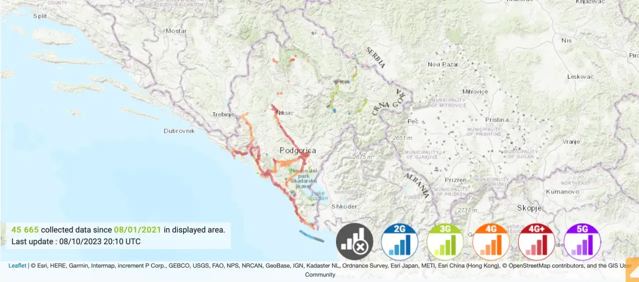 Mapa zasięgu sieci komórkowej w Czarnogórze, pokazująca dane 2G, 3G, 4G i 5G.