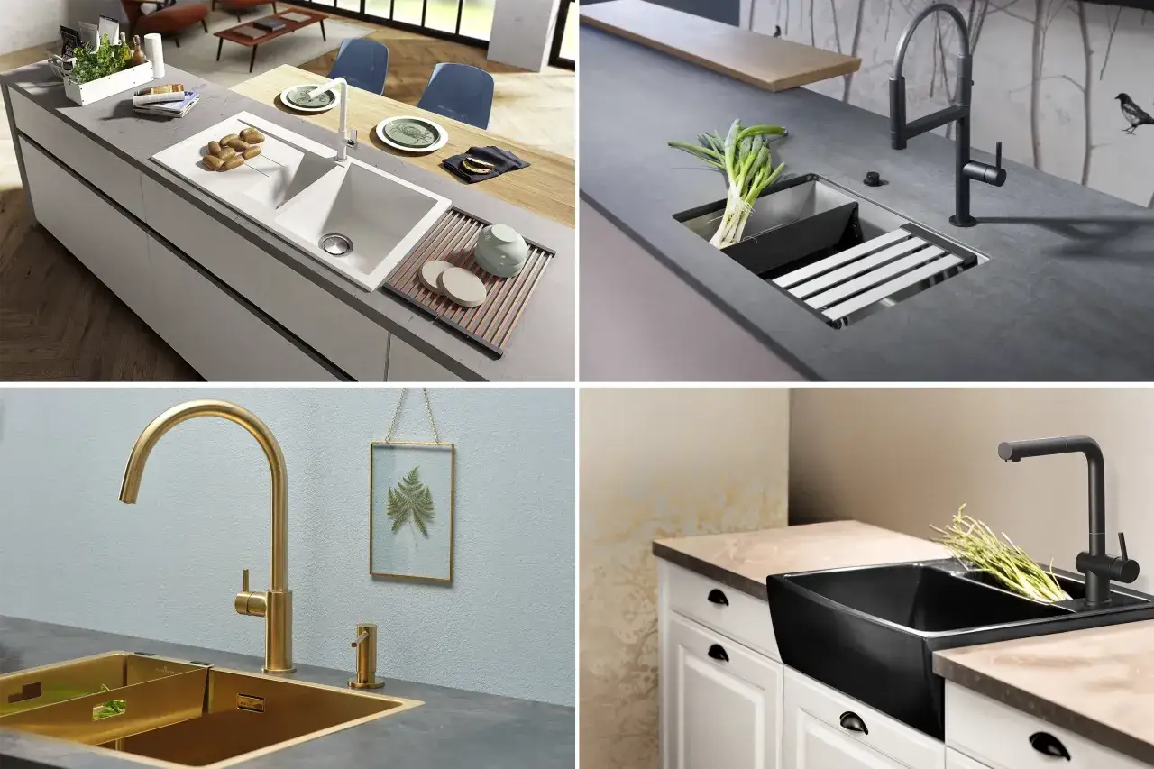 Nowoczesny zlew kuchenny dwukomorowy w różnych odsłonach: biały, złoty i czarny. Praktyczne rozwiązanie do każdej kuchni.