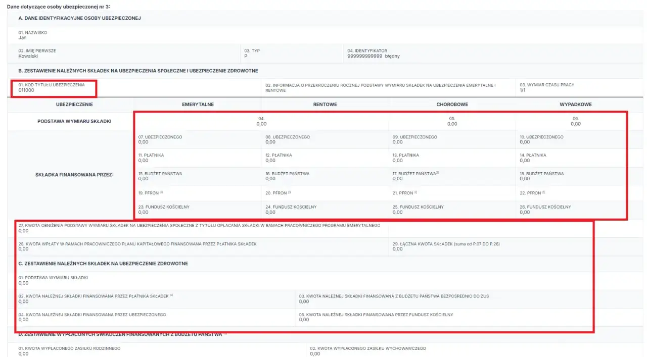 Zestawienie składek, gdzie płatnik składek to osoba lub instytucja odpowiedzialna za ich odprowadzanie.