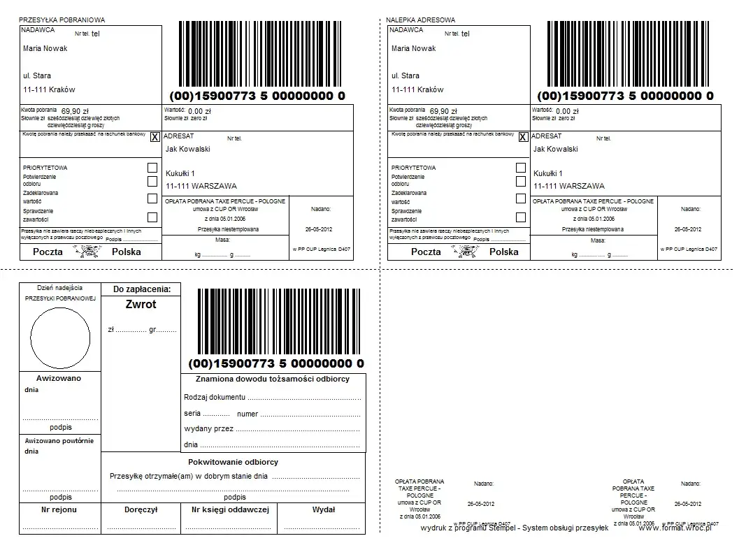druk nadania paczki pobraniowej poczta polska wzór