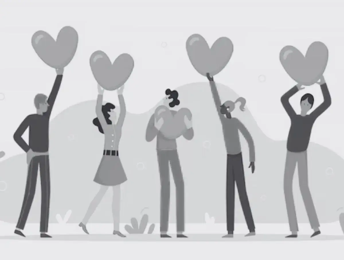 Pięć os&oacute;b trzyma serca nad głowami. Idealne do zadania 