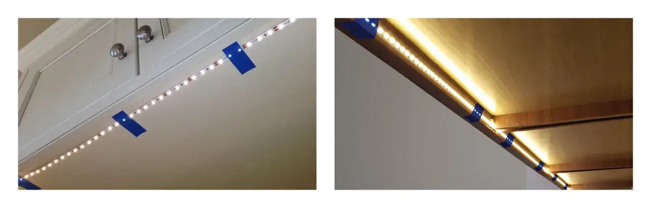 Różne rodzaje taśm LED zamontowane pod szafkami kuchennymi, tworzące ciepłe, nastrojowe oświetlenie.