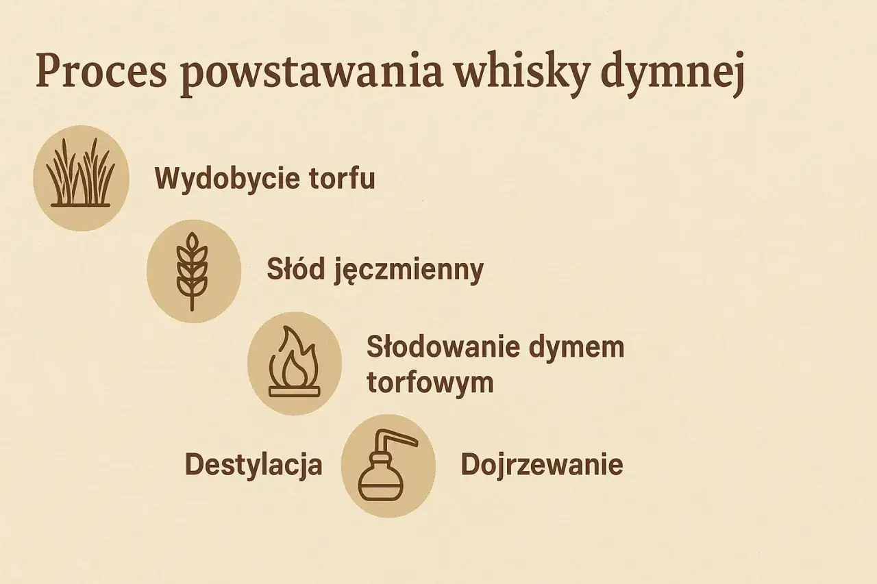 Proces powstawania whisky dymnej: wydobycie torfu, słód jęczmienny, słodowanie dymem torfowym (fenol), destylacja, dojrzewanie.