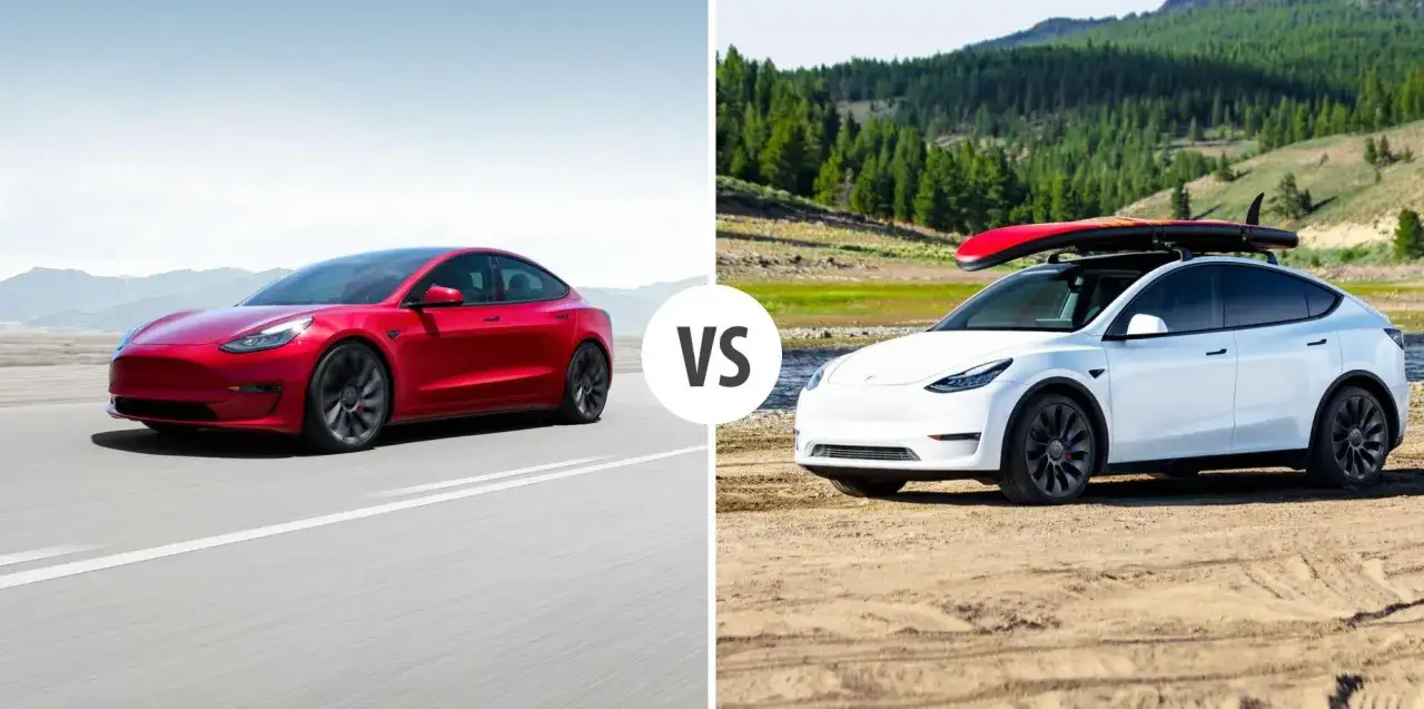 Czerwona Tesla Model 3 na drodze i biała Tesla Model Y z deską surfingową na dachu w terenie. Zastanawiasz się, ile koni ma Tesla?