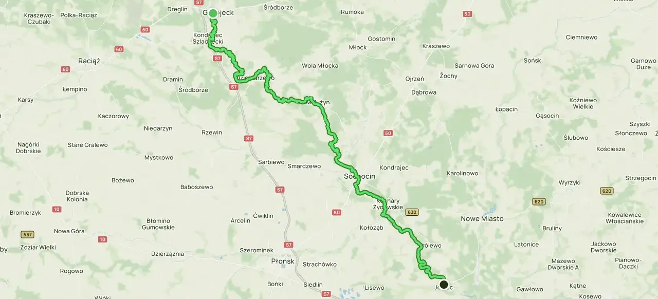 mapa tras spływów kajakowych Wkra Joniec