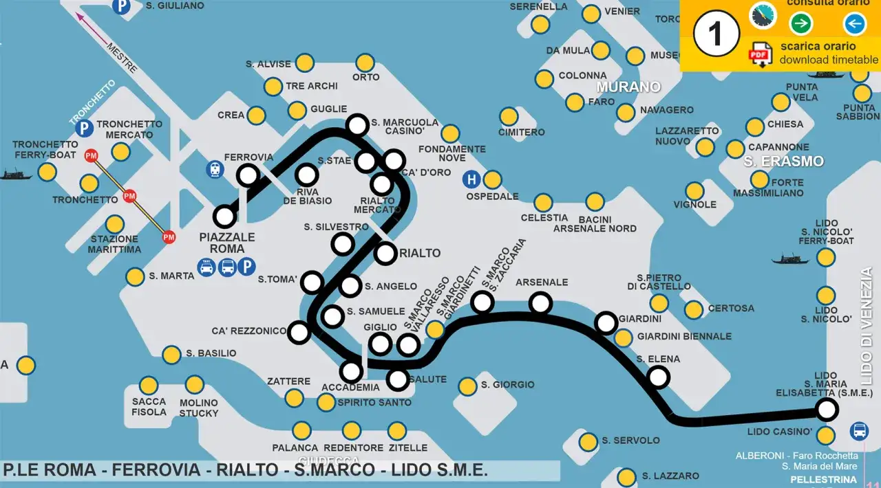 Mapa Wenecji z zaznaczonymi przystankami tramwaju wodnego. Trasa obejmuje P.le Roma, Ferrovia, Rialto, S. Marco i Lido S.M.E.