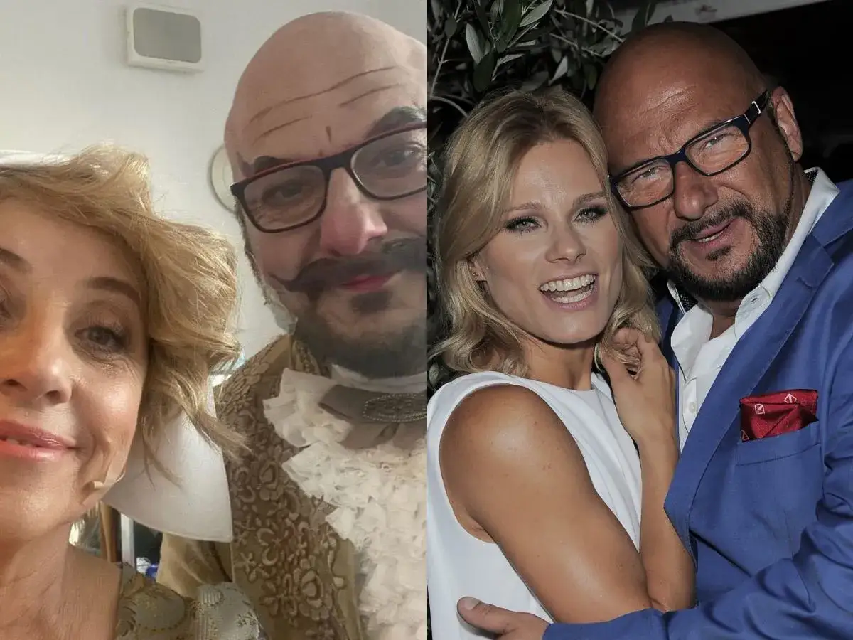 Piotr Gąsowski z żoną w dwóch odsłonach: w stroju historycznym i eleganckim.