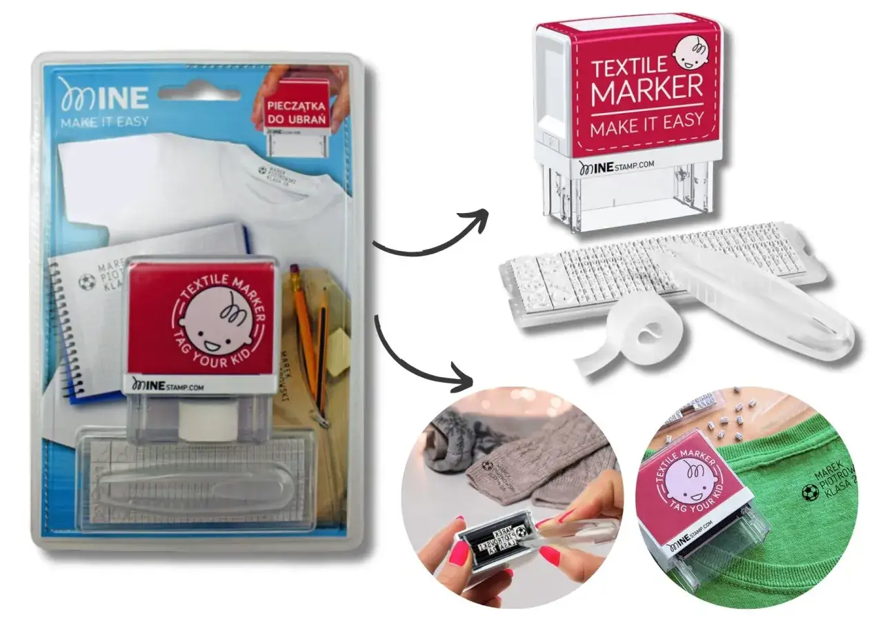 Zestaw do personalizacji ubrań do przedszkola. Pieczątka z literkami i akcesoriami, jak podpisać ubrania do przedszkola.