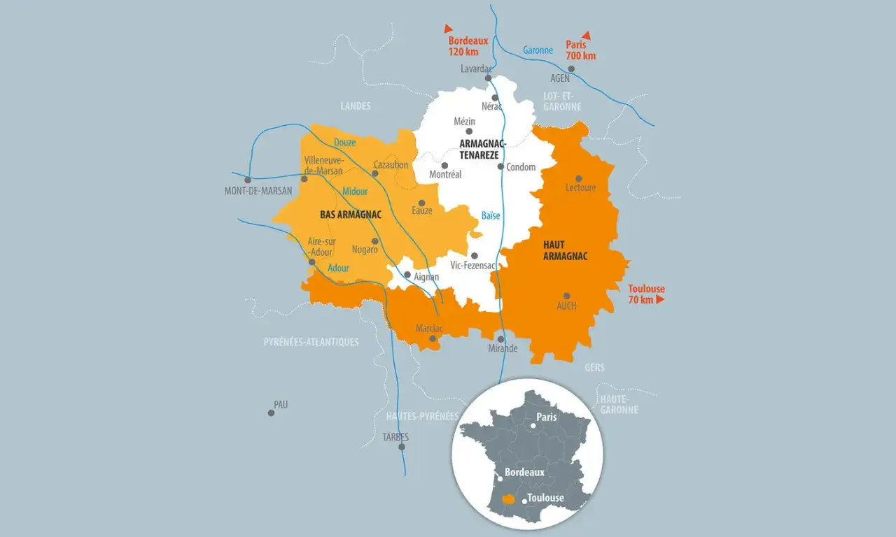 Mapa regionu Armagnac, podzielonego na Bas Armagnac i Haut Armagnac. Poznaj, co to jest Armagnac i gdzie się znajduje.