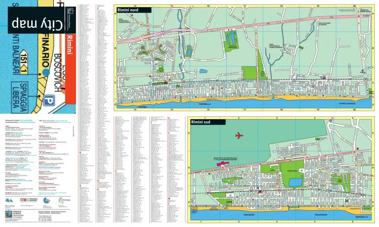 Mappa delle zone turistiche di Rimini con evidenziate Marina Centro, Rivazzurra, Viserba