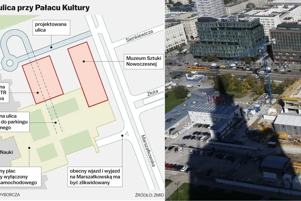 Plan i widok z lotu ptaka pokazują teren budowy Muzeum Sztuki Nowoczesnej, z widocznym parkingiem i ulicami.