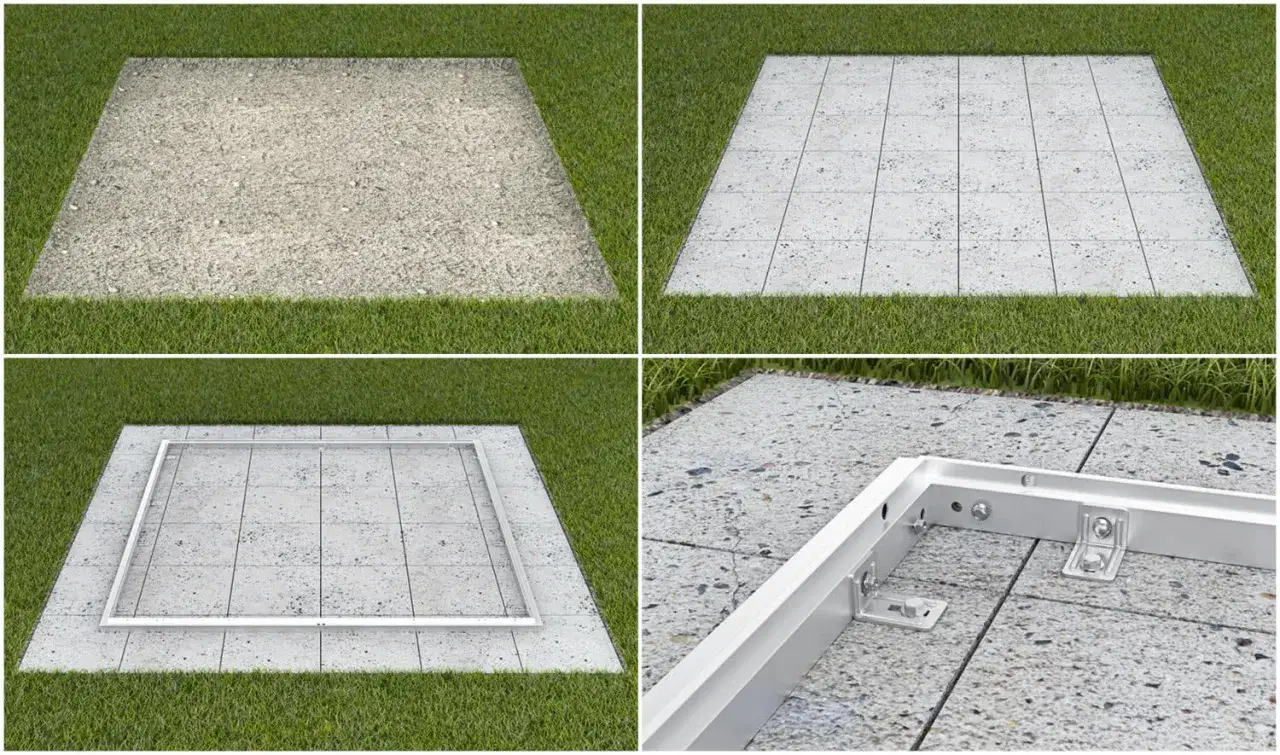 Przygotowanie podłoża: od chropowatej wylewki pod domek narzędziowy, przez płytki, po montaż metalowej ramy.