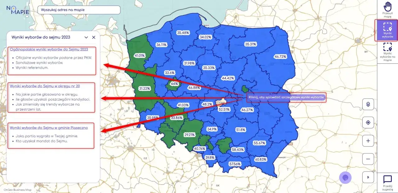 Mapa Polski z zaznaczonymi okręgami wyborczymi do Sejmu i procentowym poparciem. Kliknij, by sprawdzić szczegółowe wyniki.
