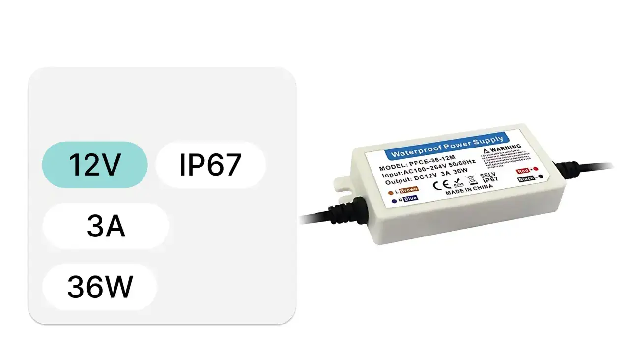 Mały zasilacz LED 12V, 3A, 36W, wodoodporny IP67. Idealny do oświetlenia zewnętrznego.