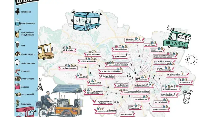 Mapa Wrocławia z ikonami jedzenia i restauracji