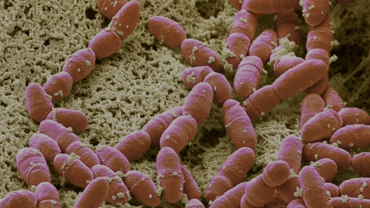 Różowe pałeczki bakterii, potencjalnie związane ze szkarlatyną, w powiększeniu mikroskopowym.