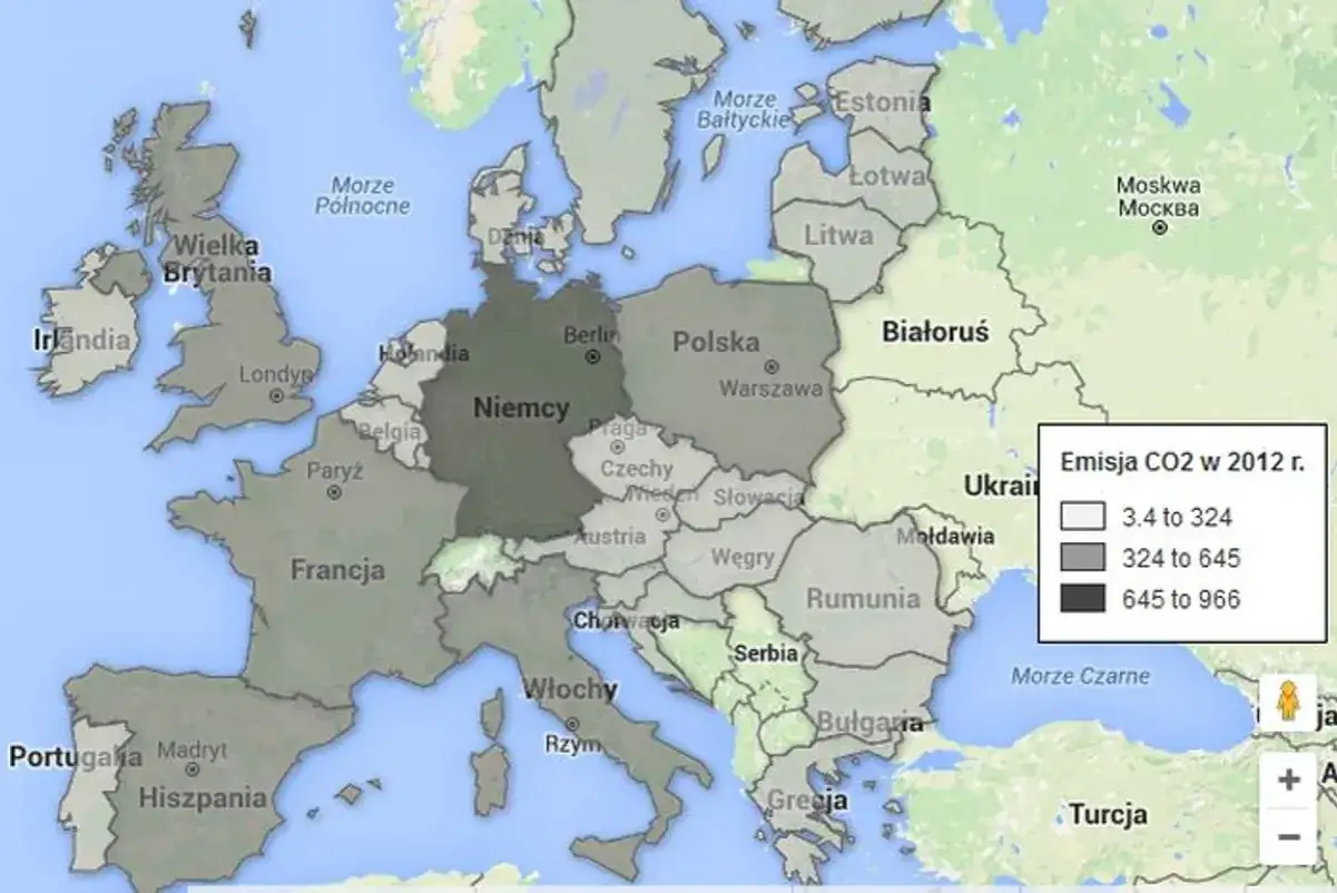 Mapa świata z zaznaczonymi krajami o największych emisjach CO2
