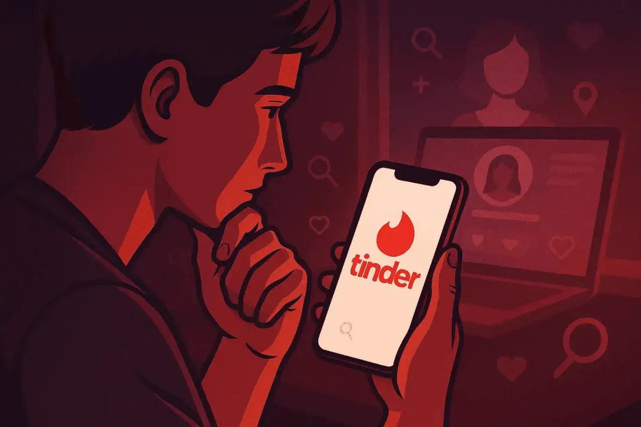 Mężczyzna trzyma telefon z logo Tindera, zastanawiając się, jak sprawdzić, czy ktoś ma Tindera.