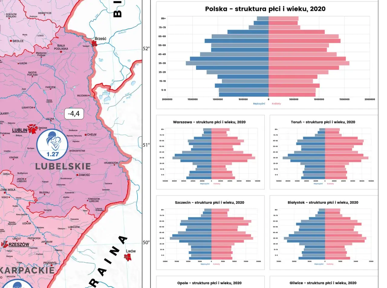 Mapa Polski z zaznaczonym Radomiem i danymi demograficznymi