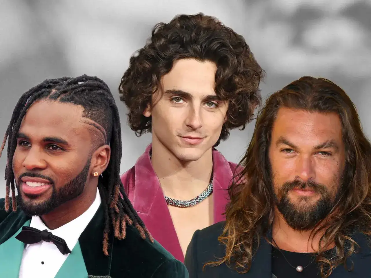 Trzech mężczyzn z imponującymi, długimi włosami męskimi: Jason Derulo w dredach, Timothée Chalamet w kręconych lokach i Jason Momoa z falowanymi włosami.