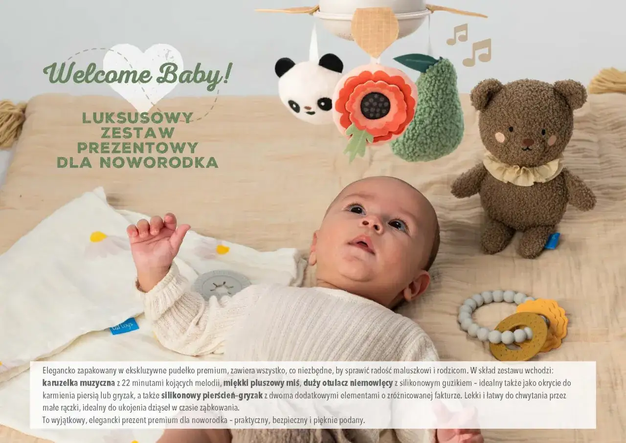 Uroczy, pluszowy miś dla noworodka w zestawie z karuzelką i gryzakiem. Idealny prezent na powitanie maluszka.