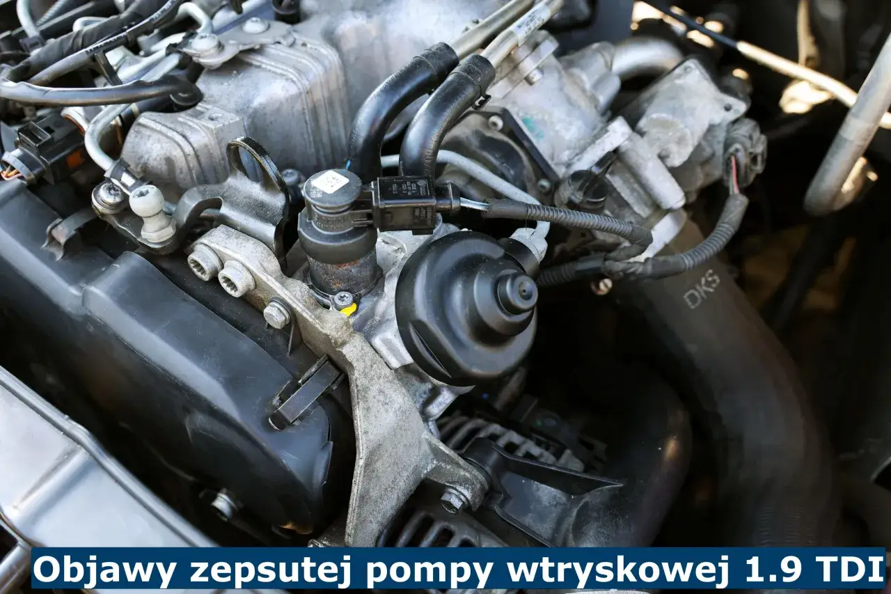Widok silnika diesla 1.9 TDI. Widoczny element układu paliwowego, który może być przyczyną objawów uszkodzonej pompy paliwa diesel.