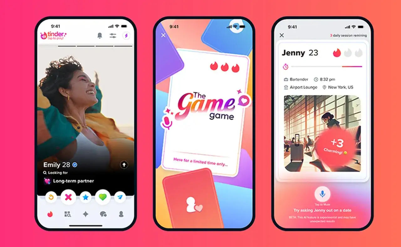 Trzy ekrany aplikacji Tinder: profil użytkowniczki, ekran gry i profil innej użytkowniczki.