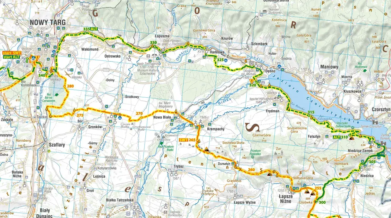 Mapa szlaku historyczno kulturowo przyrodniczego wokół Tatr. Zaznaczone miejscowości: Nowy Targ, Maniowy, Niedzica, Czorsztyn.