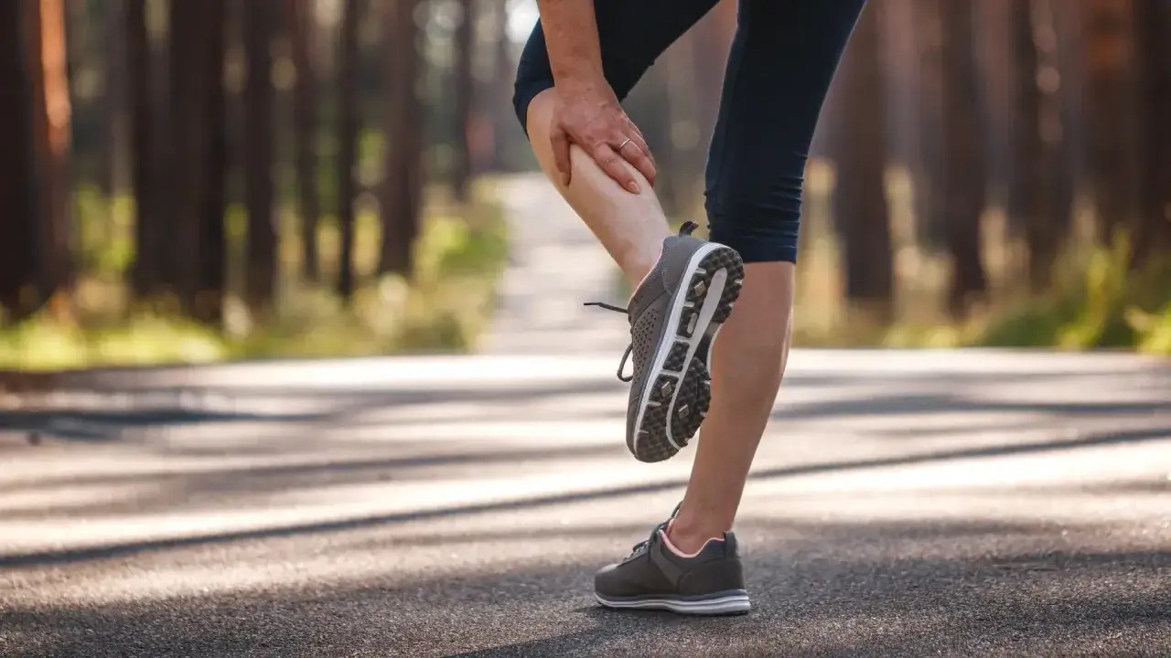 Biegacz masujący bolącą łydkę. Poznaj domowe sposoby na ból łydek, by wrócić do formy.