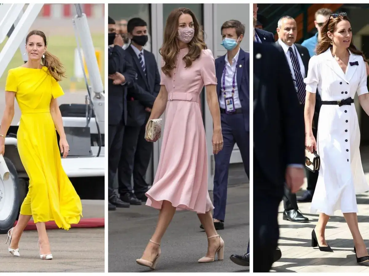 Księżna Kate w trzech stylizacjach: ż&oacute;łta, r&oacute;żowa i biała sukienka. Elegancka i stylowa.